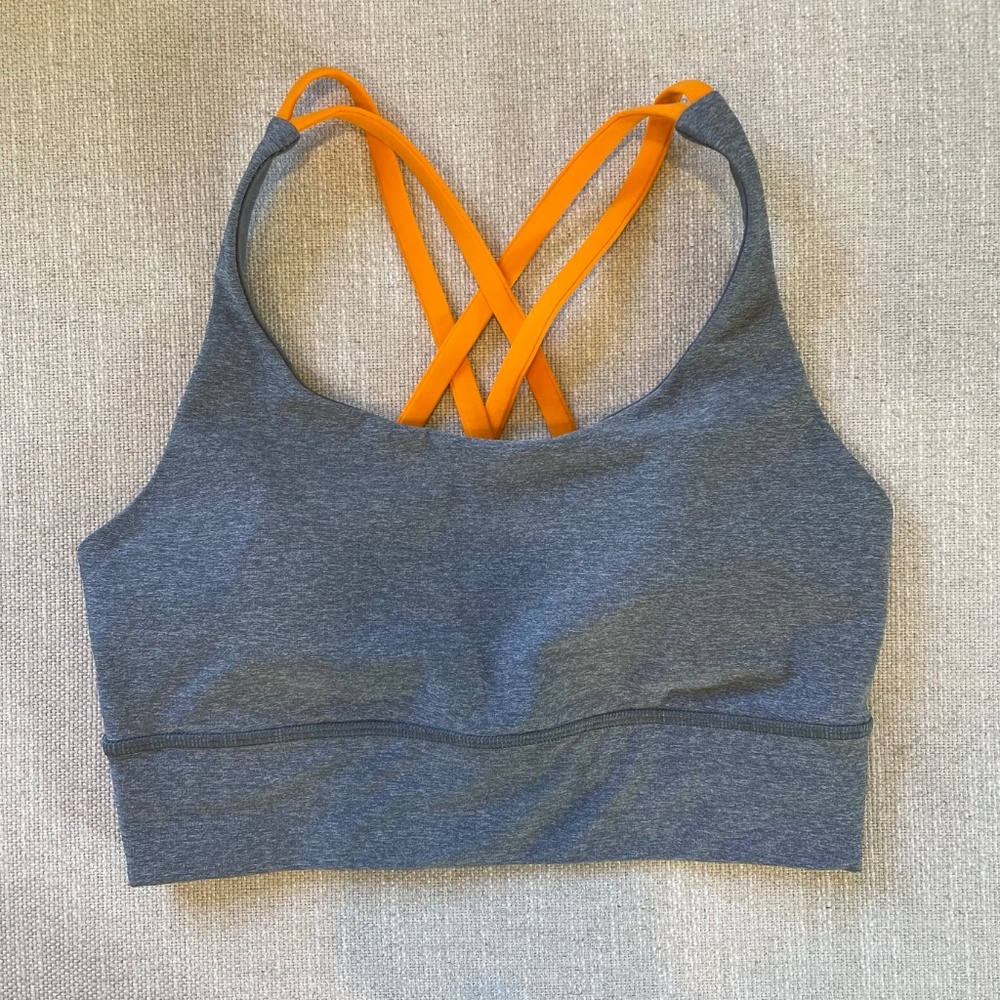 NWOT Lululemon Energy Bra Long Line Size 6 Heathered Slate/Vivid Amber B/C Cup